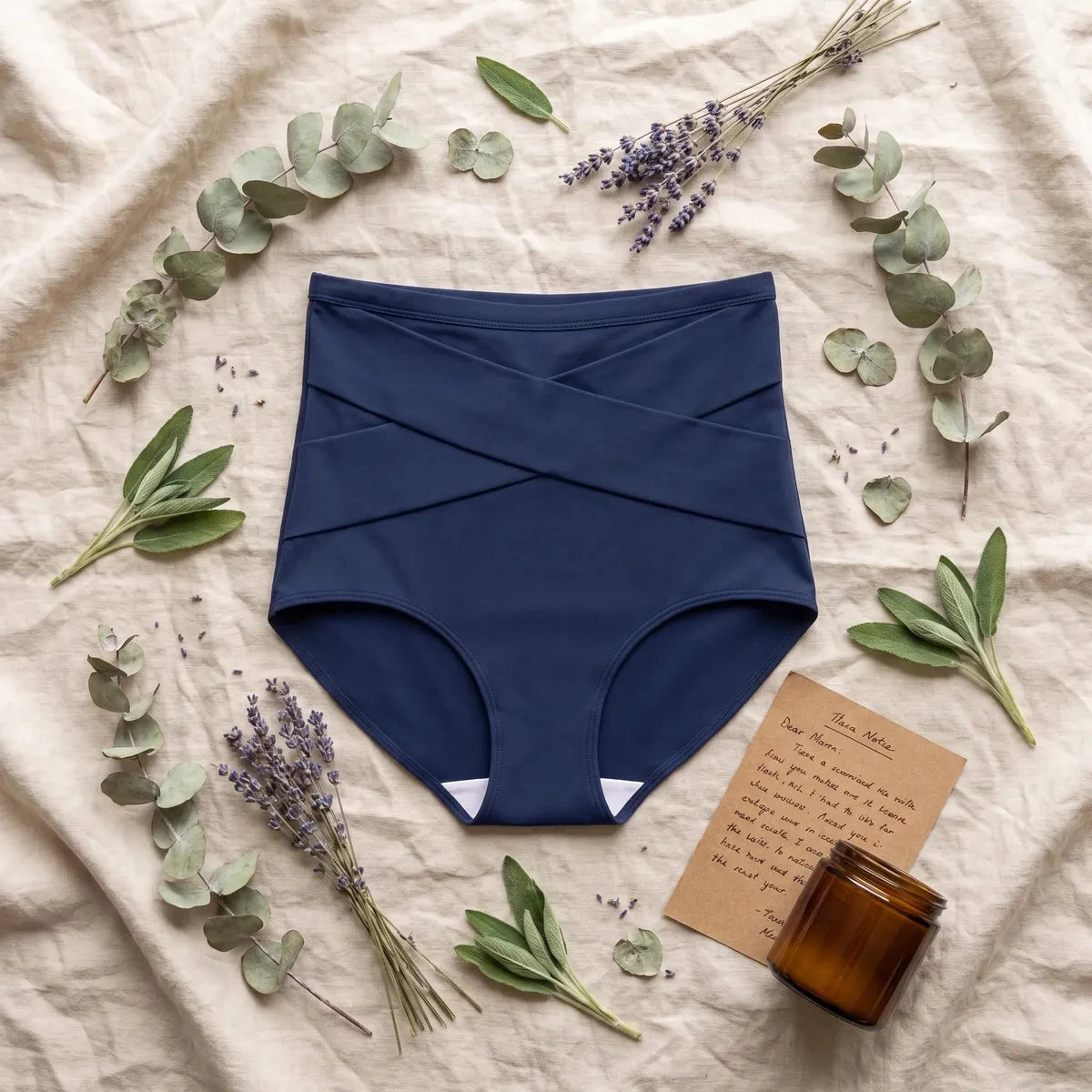 Navy Snoothe support brief with crossed bands, on linen with eucalyptus