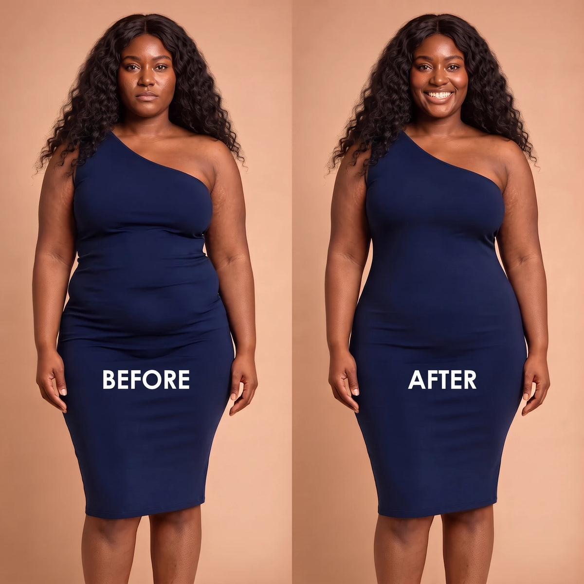 Before and after in a navy dress