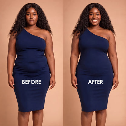 Before and after in a navy dress