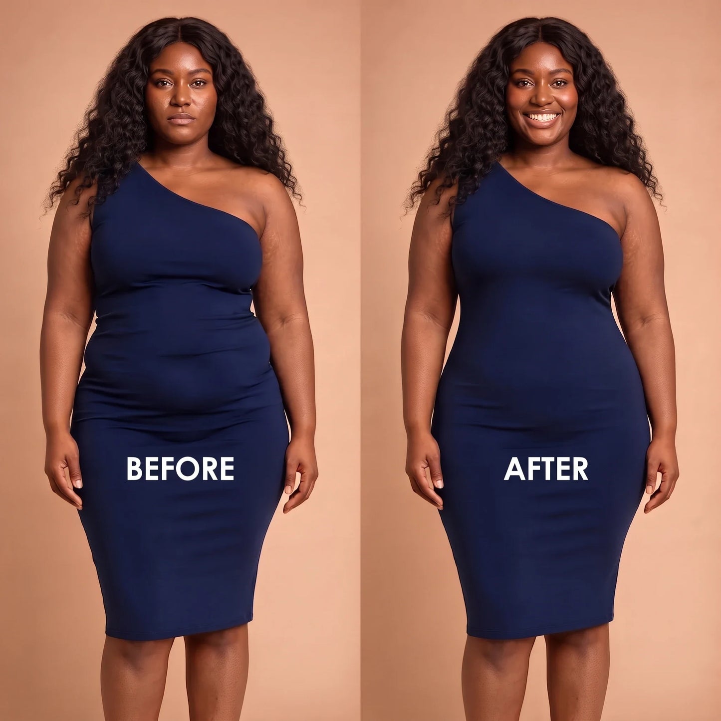 Before and after in a navy dress