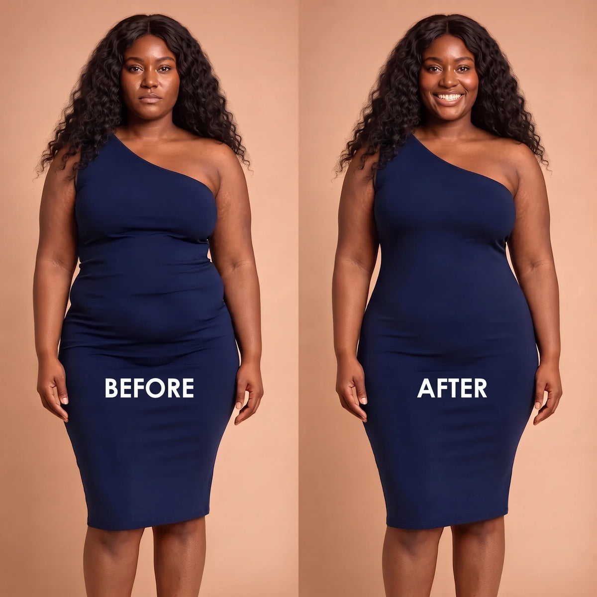 Before and after in a navy dress