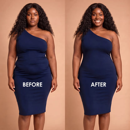 Before and after in a navy dress