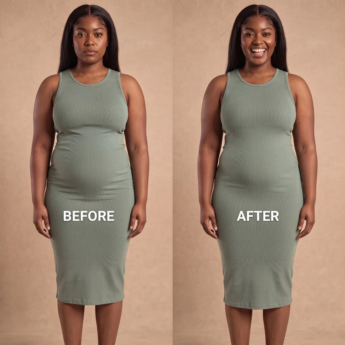 Before and after in a green dress