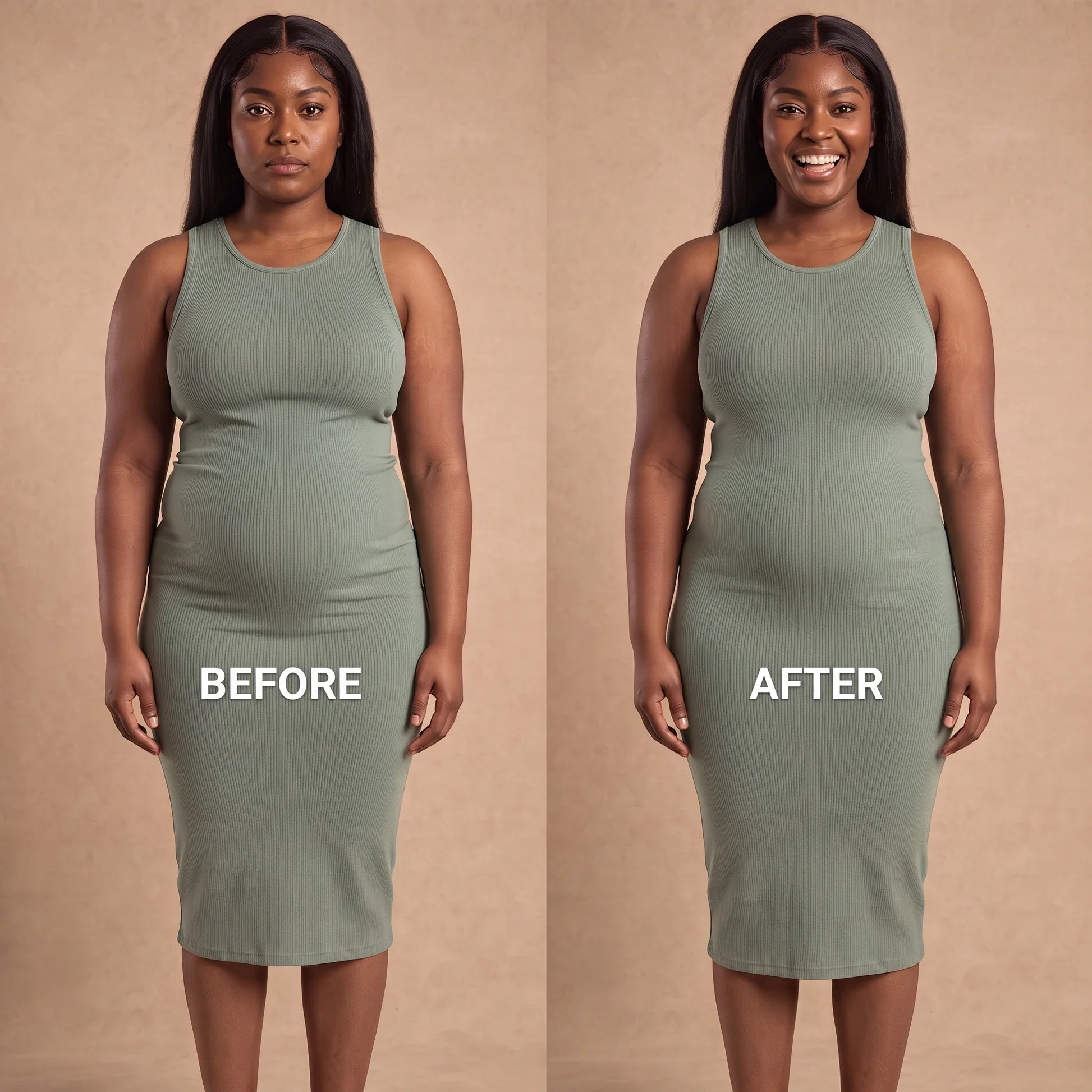 Before and after in a green dress