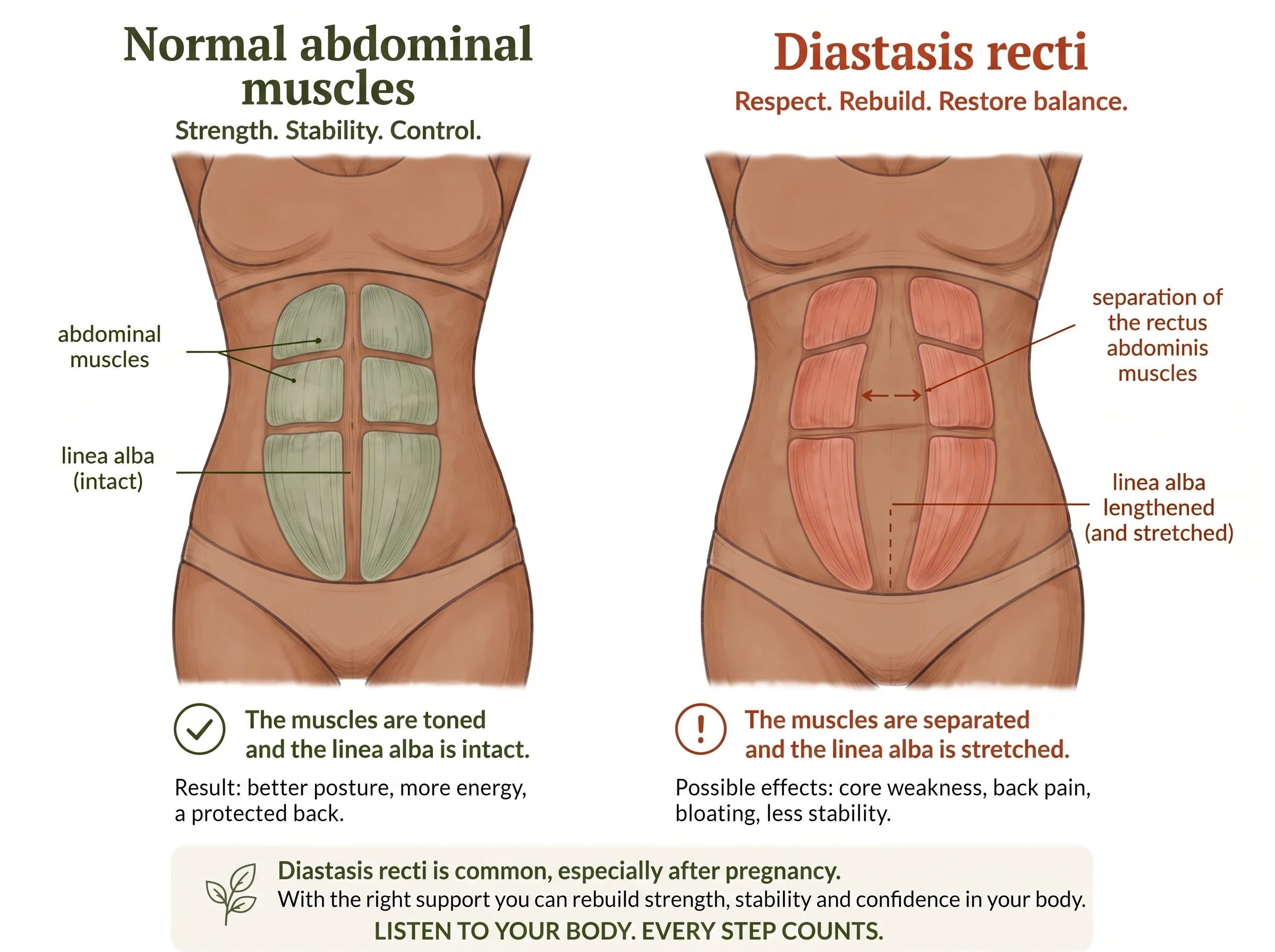 Diagram: normal abdominal muscles compared with diastasis recti