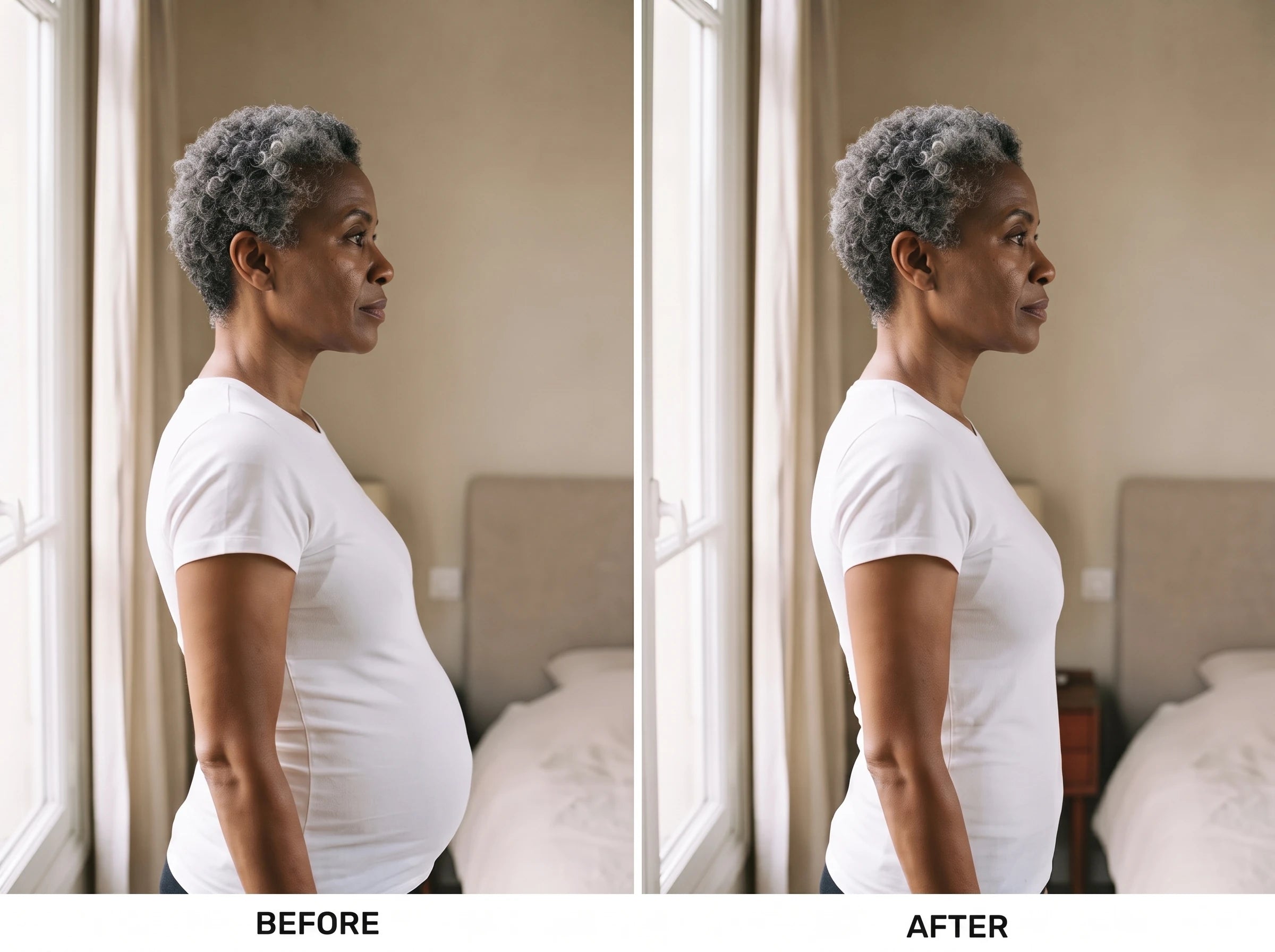 Before and after in profile: the belly is visibly flatter with the Snoothe brief