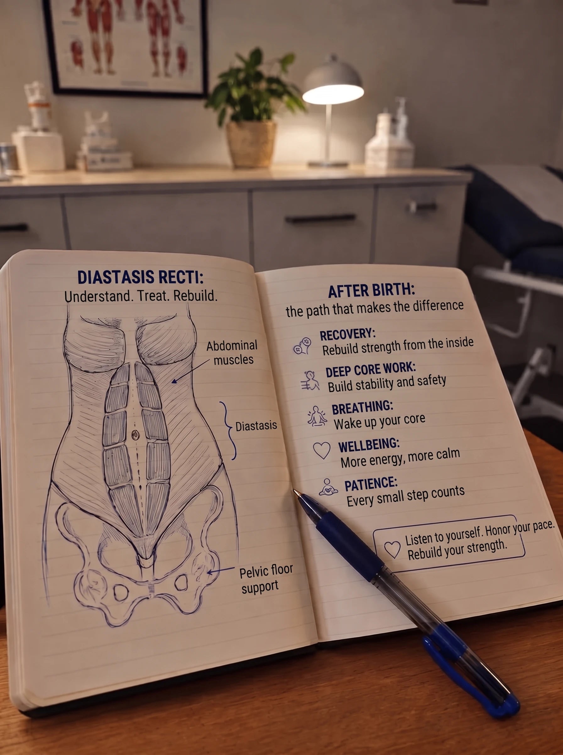 Notebook about diastasis recti open on a clinic desk