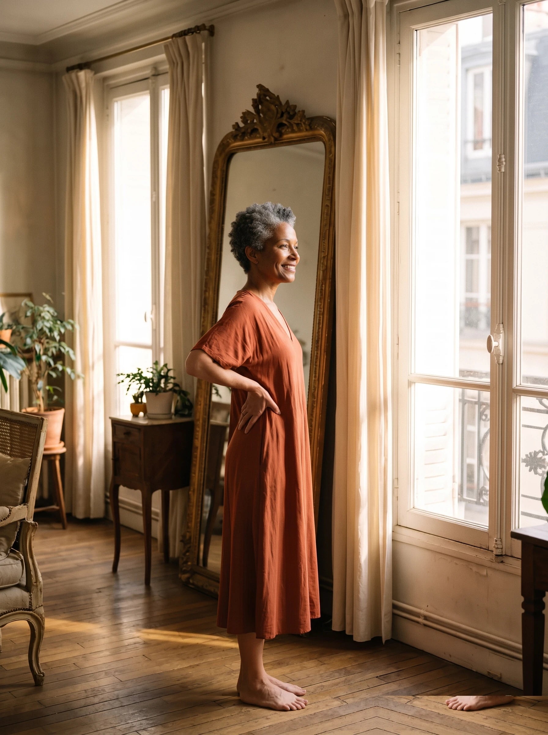 Woman in a dress in front of a full-length mirror, silhouette restored