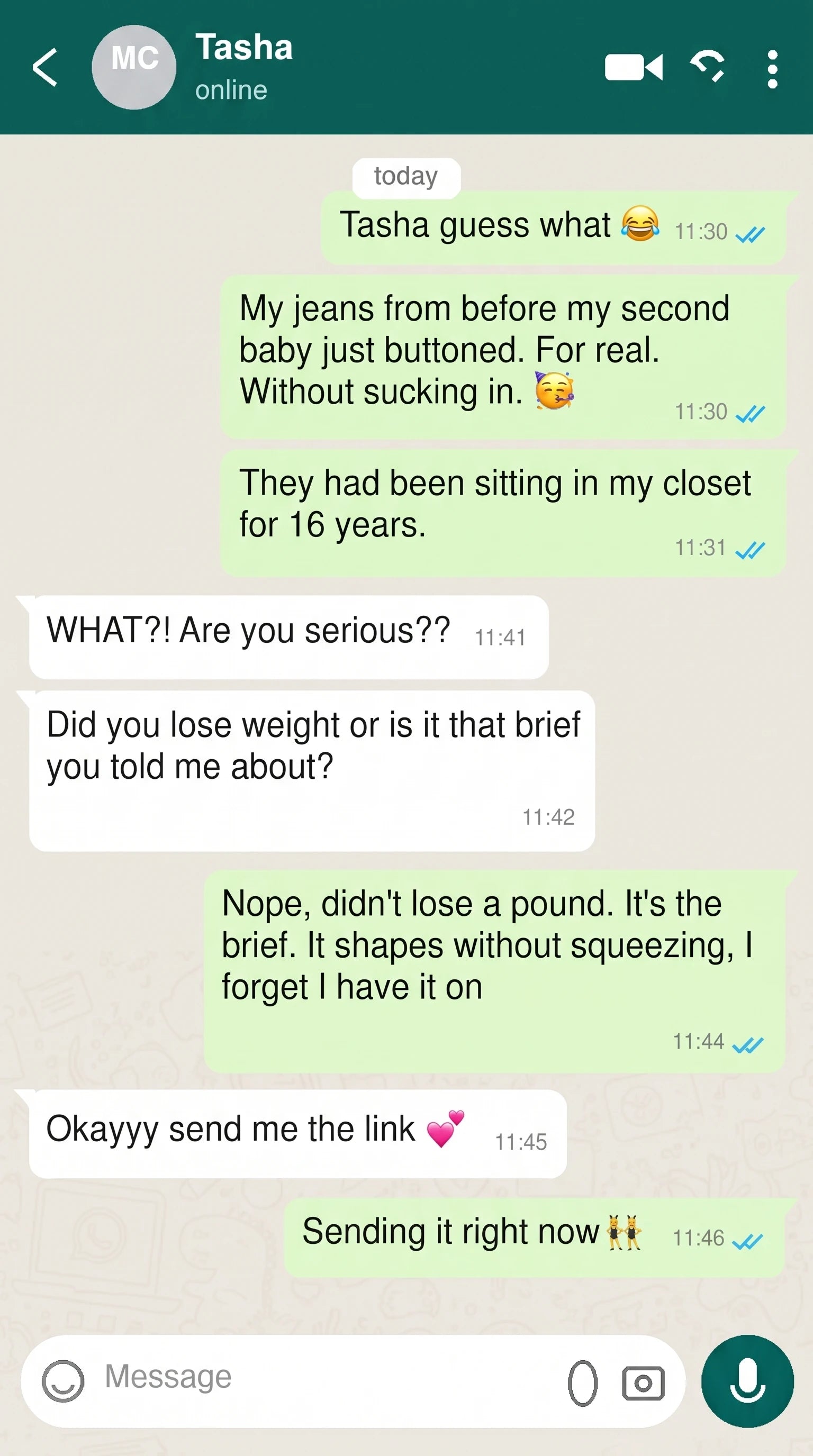 Screenshot of a text thread: jeans from before the second pregnancy button after 16 years