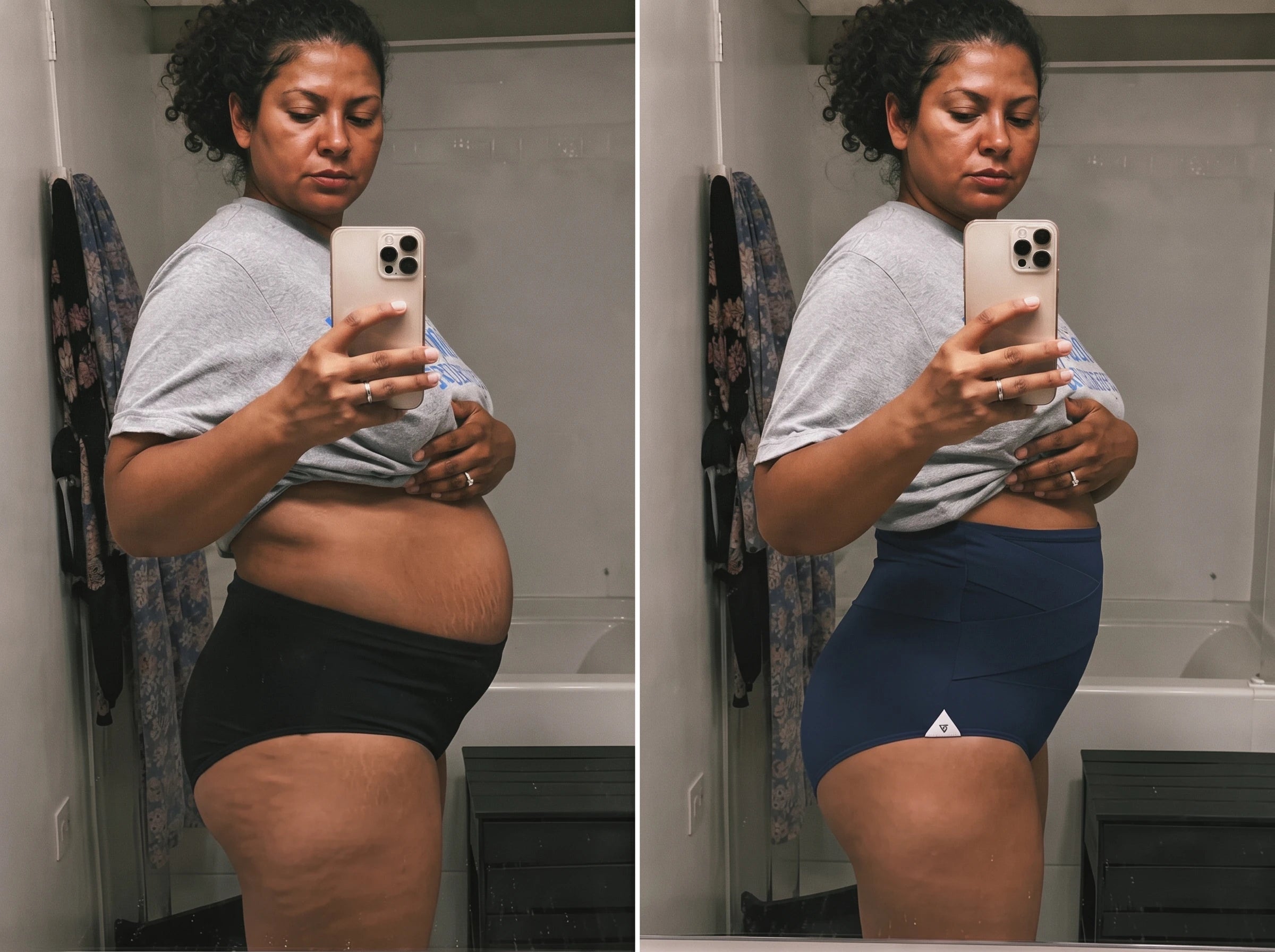 Mirror selfie, before and after: bare belly on the left, smooth invisible brief on the right