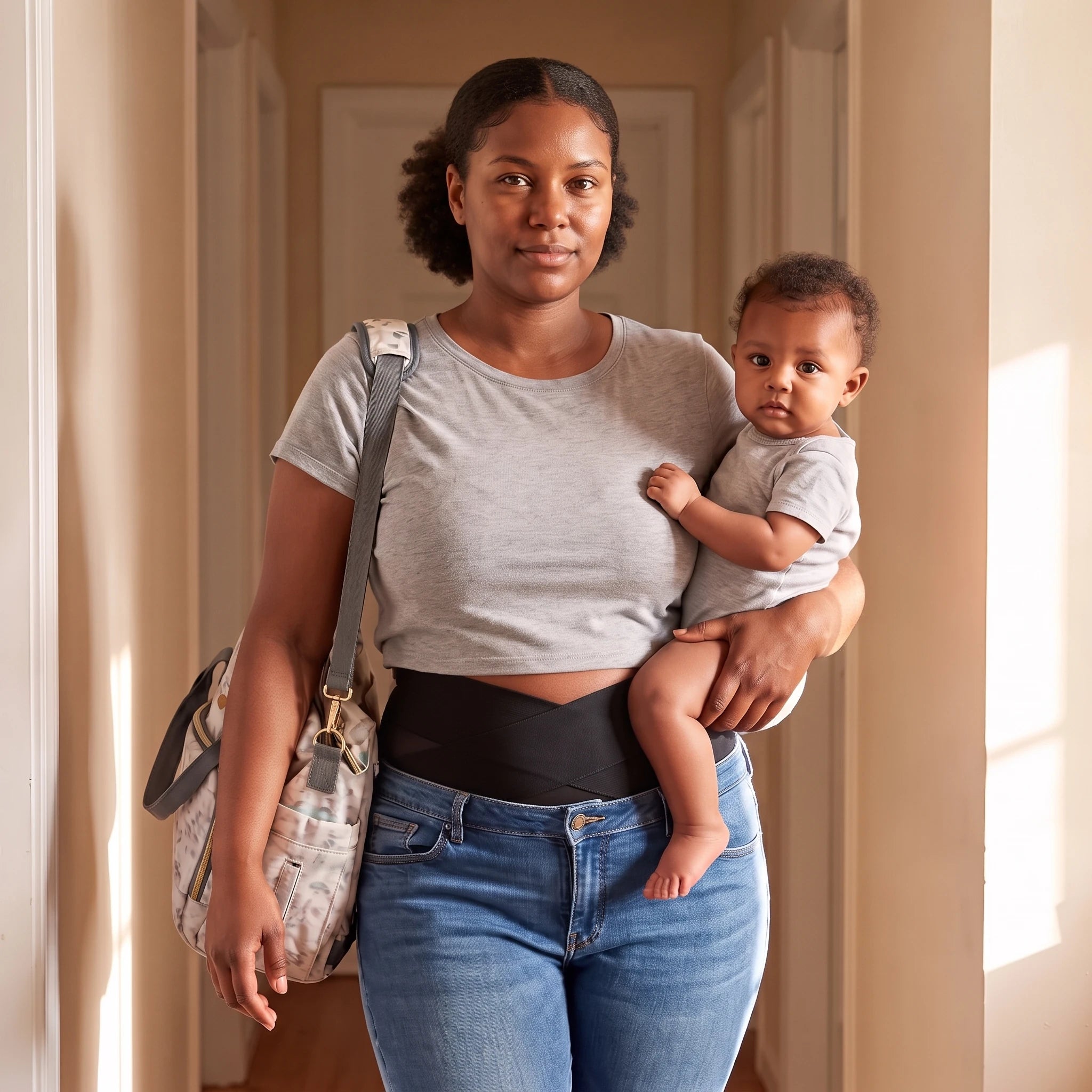 Mom standing with her baby in her arms, supported by the brief under her jeans