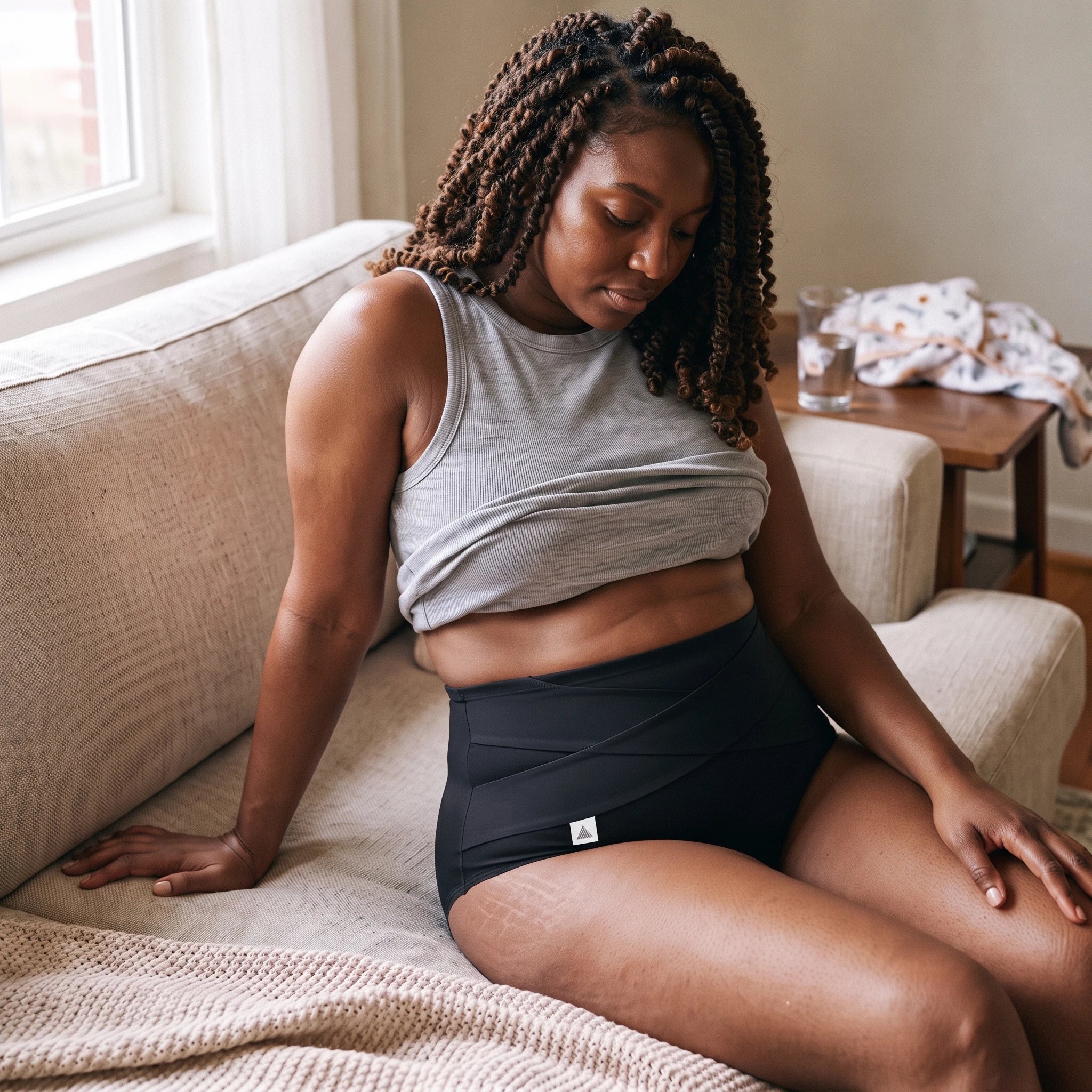 Mom seated with legs crossed, the waistband stays flat